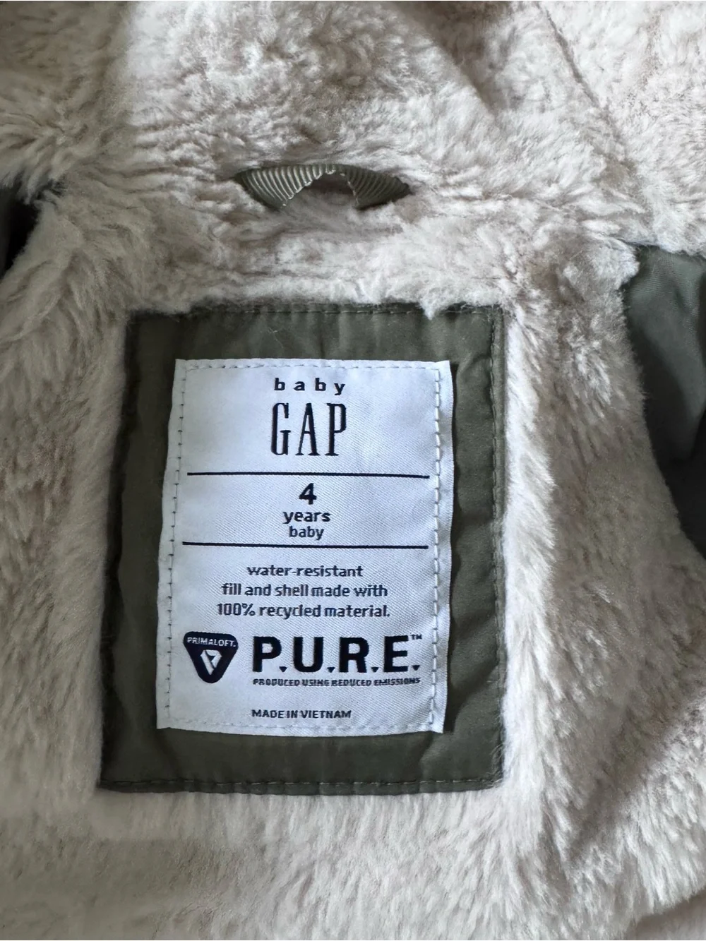 Gap Kids Primaloft Parka Jacket Olive Green Fleece Lined Water Resistant Size 4